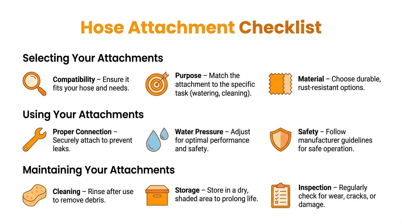 An infographic titled Hose Attachment Checklist covering how to select, use, and maintain garden hose attachments.
