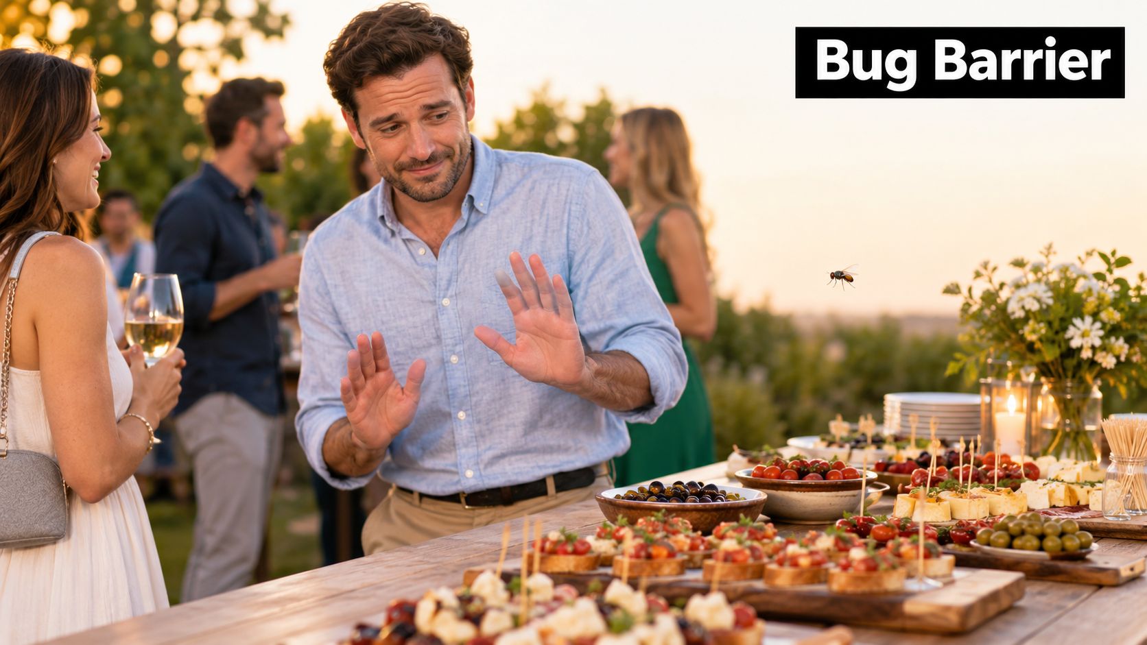 A man gesturing to keep a small fly away from a buffet table filled with appetizers.