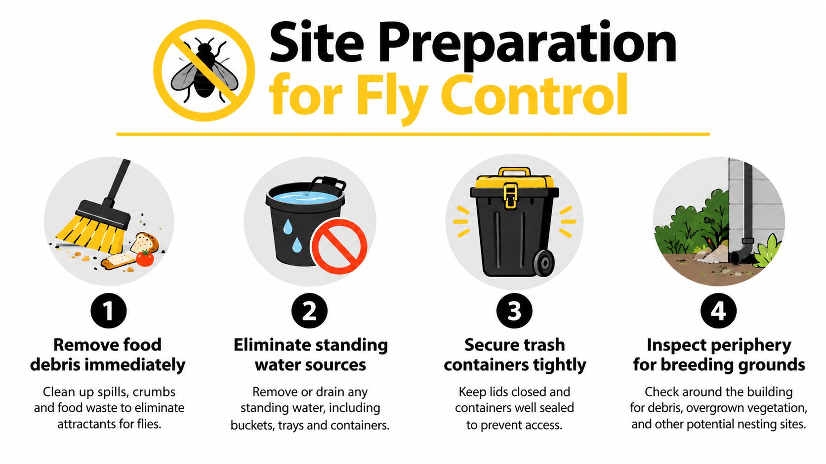A four-step infographic showing how to perform site preparation for effective fly control in outdoor areas.