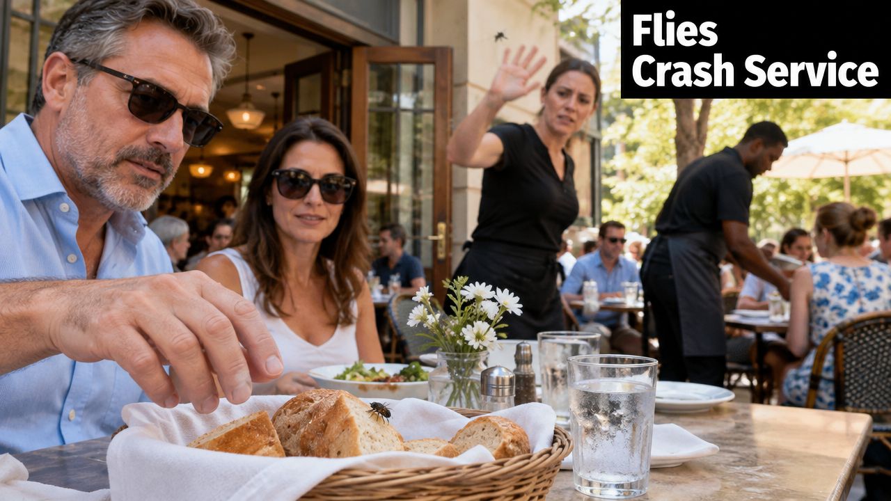 A couple at a restaurant table disturbed by flies landing on their bread basket while a server watches.
