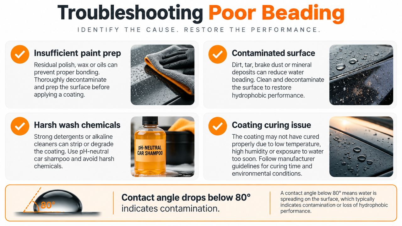 A troubleshooting guide detailing reasons for poor water beading on car paint surfaces, including prep and chemicals.