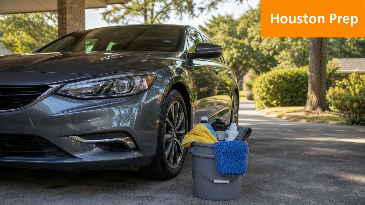 A gray car parked in a driveway next to a bucket filled with car washing supplies.