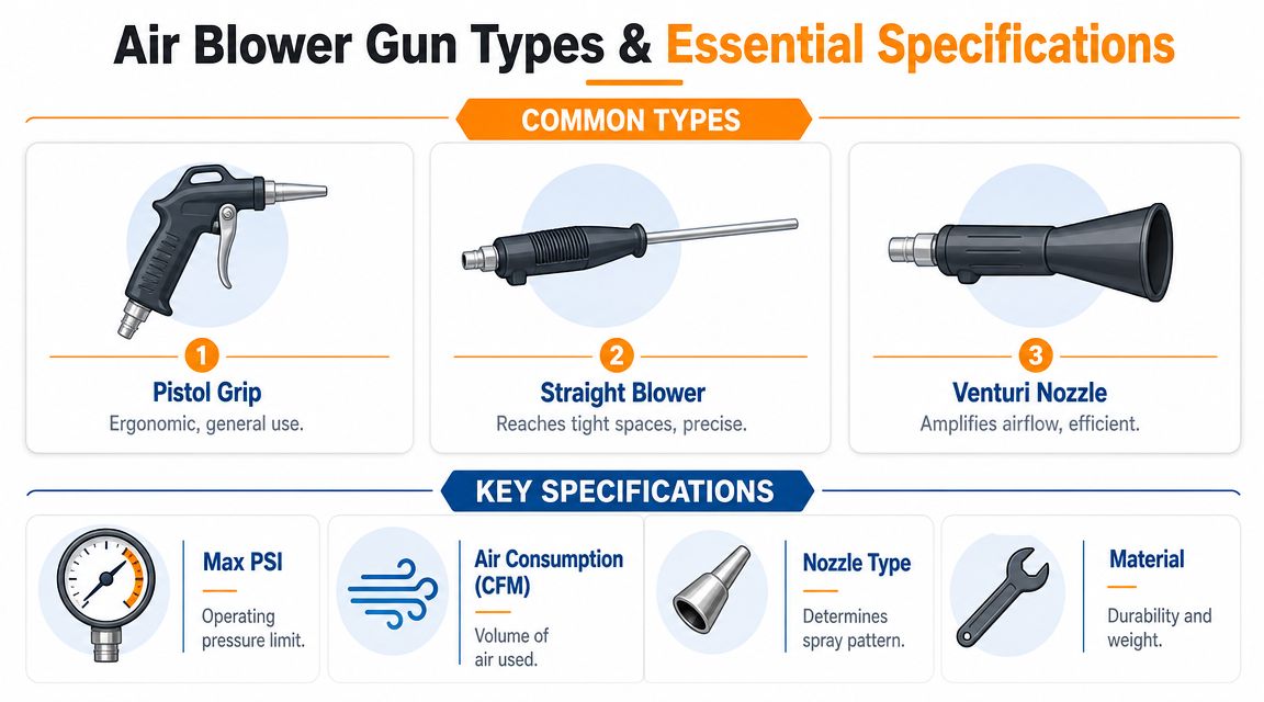 An infographic illustrating three common types of air blower guns and their essential technical specifications for industrial use.