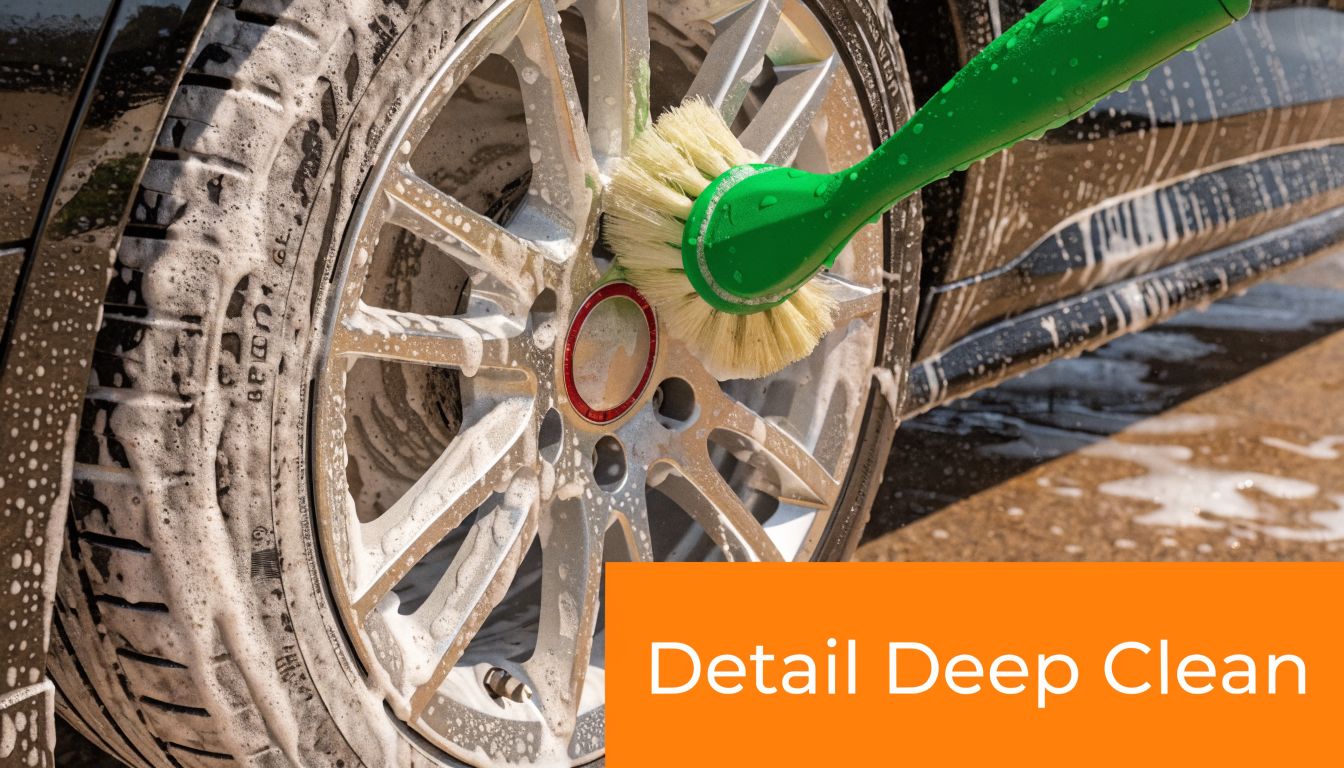 A car wheel being thoroughly scrubbed with a long-handled green brush during a professional deep clean.