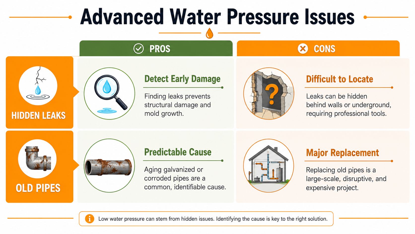 An infographic showing the pros and cons of hidden leaks and old pipes for low water pressure.