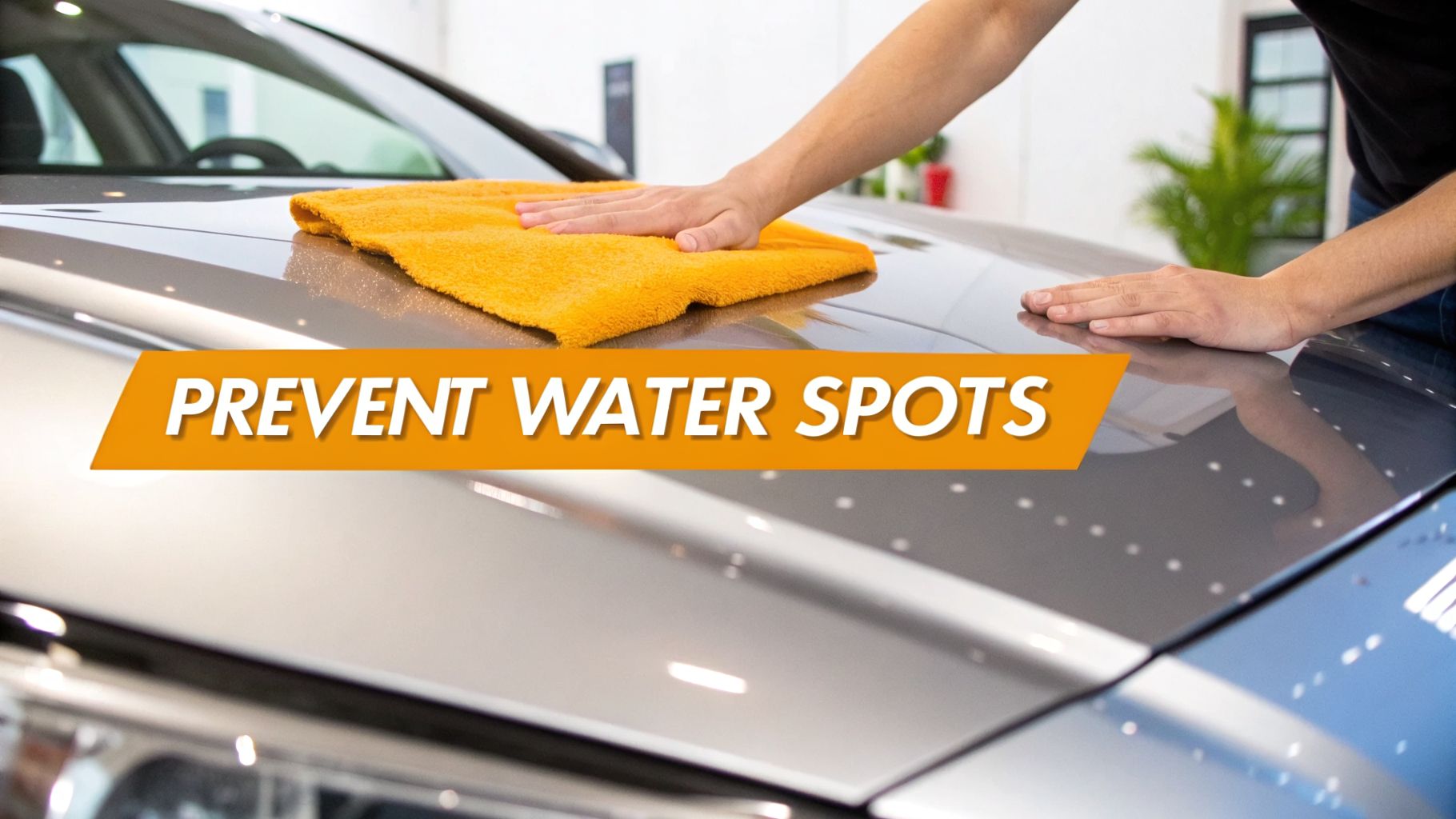 A person wiping a shiny gray car hood with a bright orange microfiber towel to prevent water spots.
