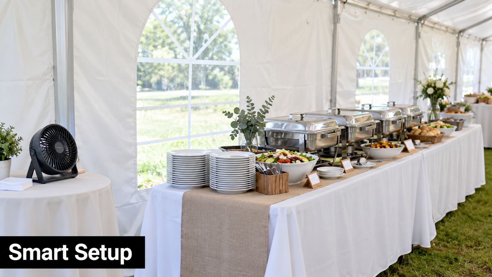 A catered buffet table set up inside a white tent featuring chafing dishes, salads, and a small fan.