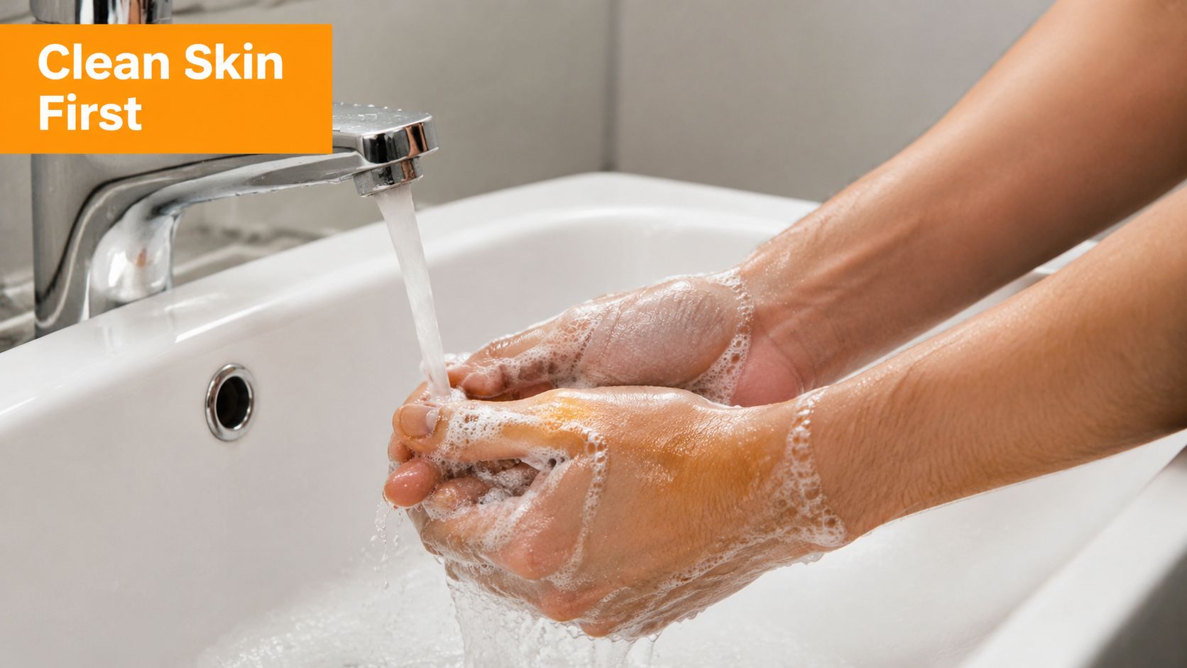 A person washing their hands with soap and water under a faucet to remove gasoline smell.