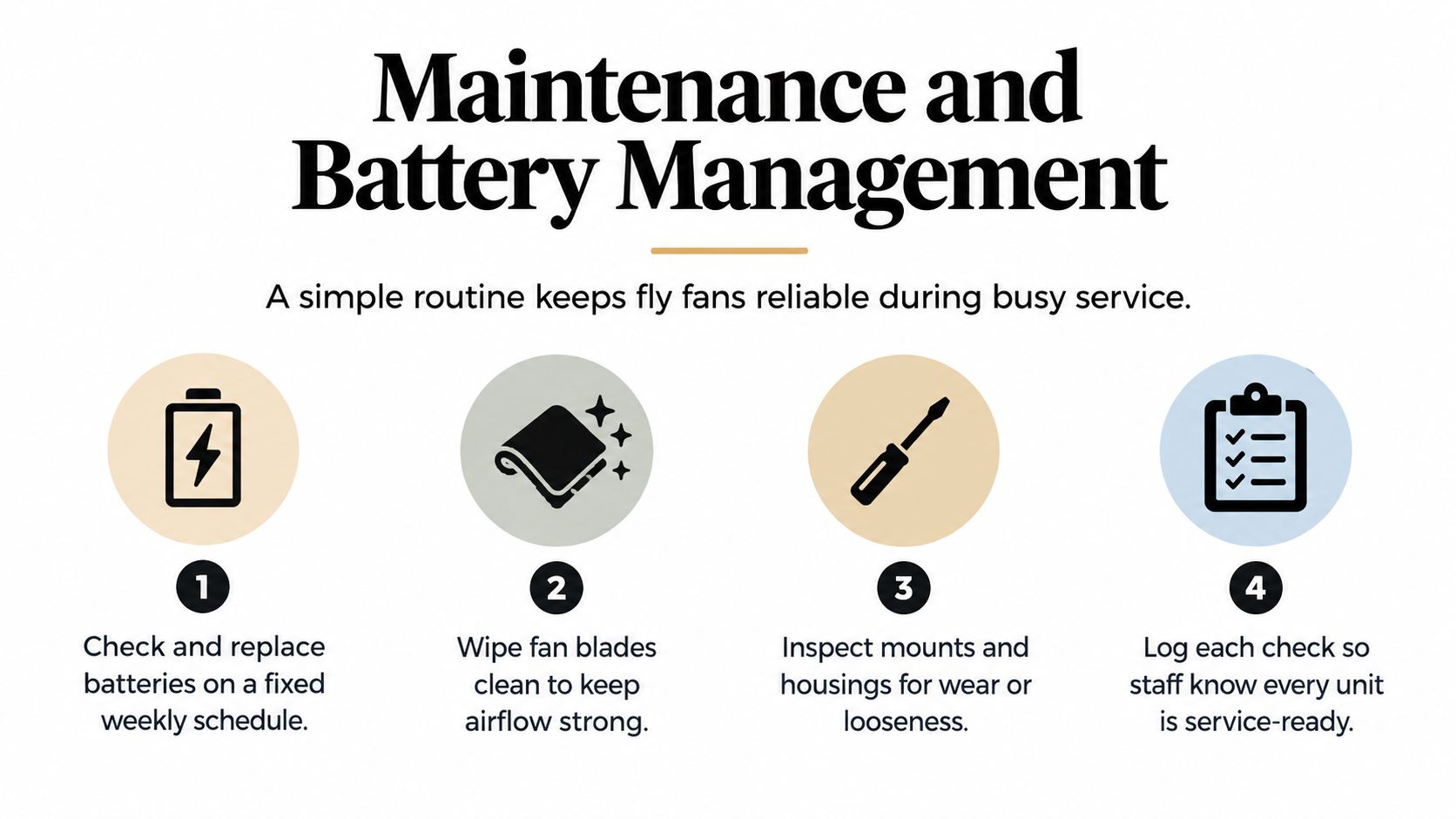 An infographic showing four steps for fly fan maintenance including battery replacement, blade cleaning, and equipment inspections.