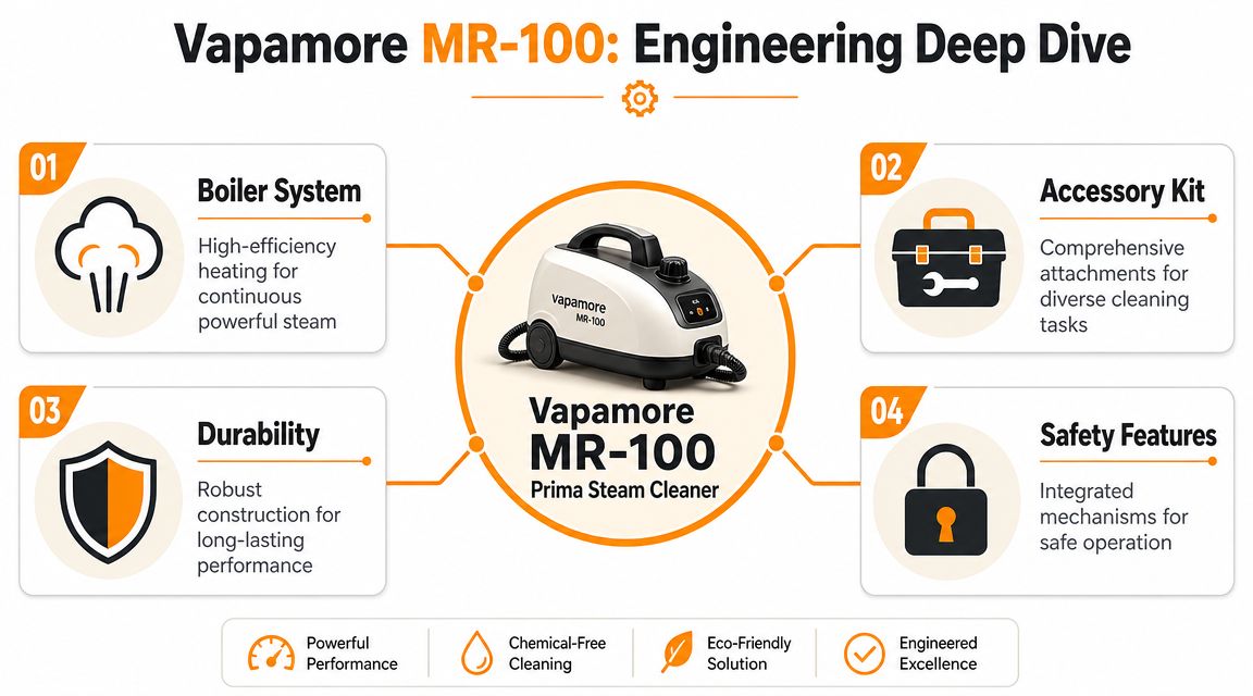 A detailed infographic highlighting the engineering features of the Vapamore MR-100 Prima steam cleaner unit.