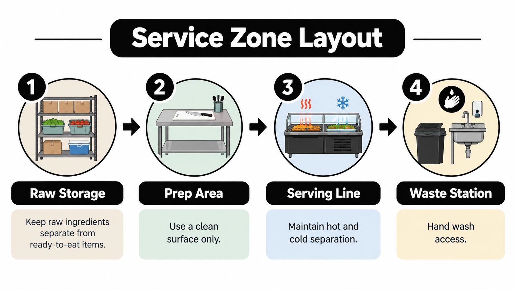 A diagram illustrating a four-step food service zone layout, from raw storage to waste station management.