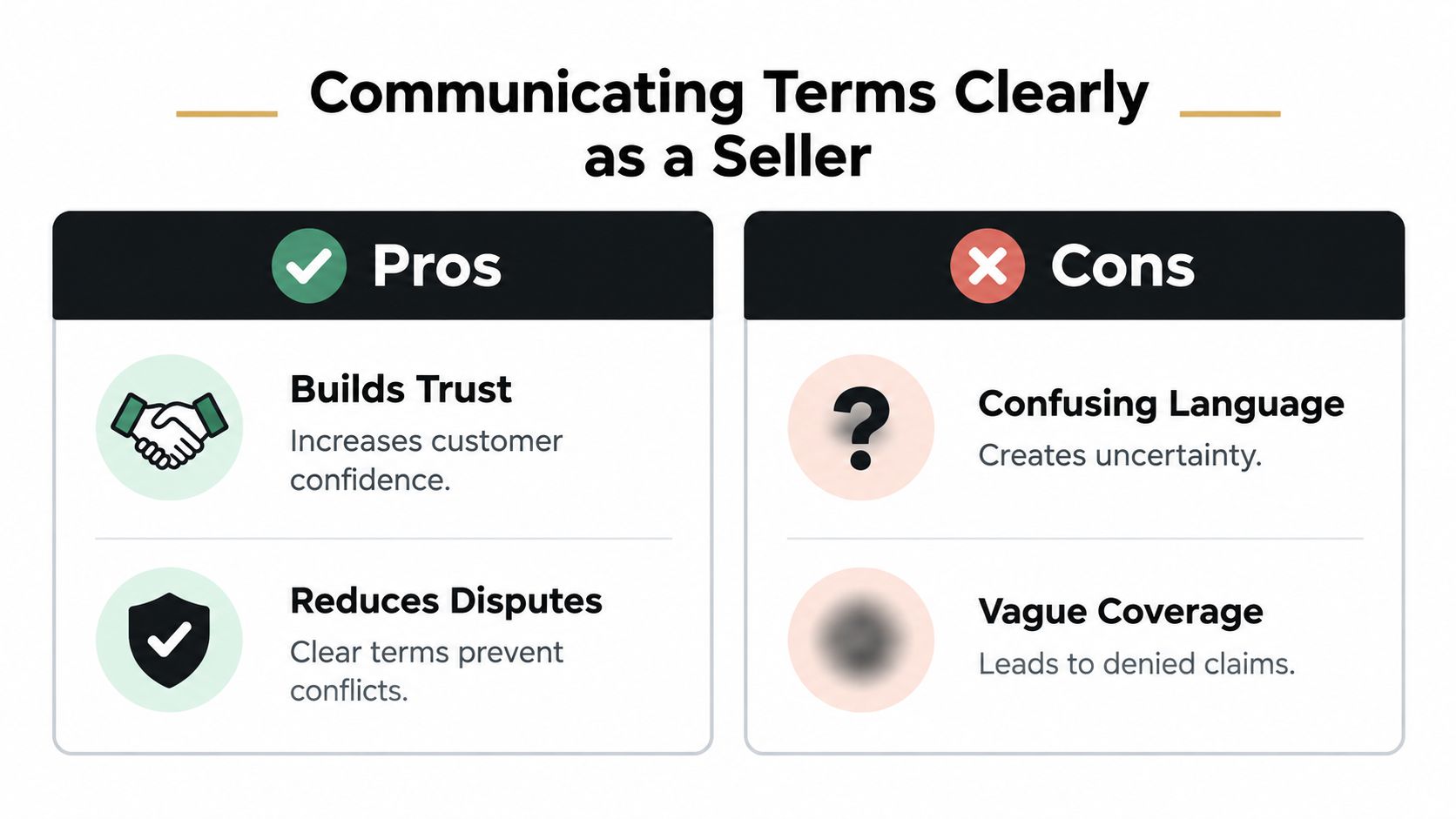 A comparison chart showing the benefits of clear seller terms versus the consequences of ambiguous policies.