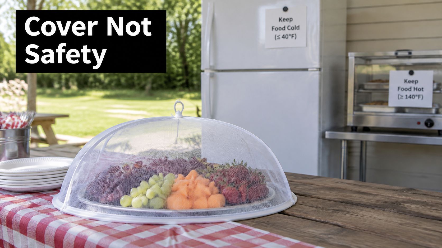 A mesh food cover protects a fruit platter on a picnic table next to cold and hot storage.