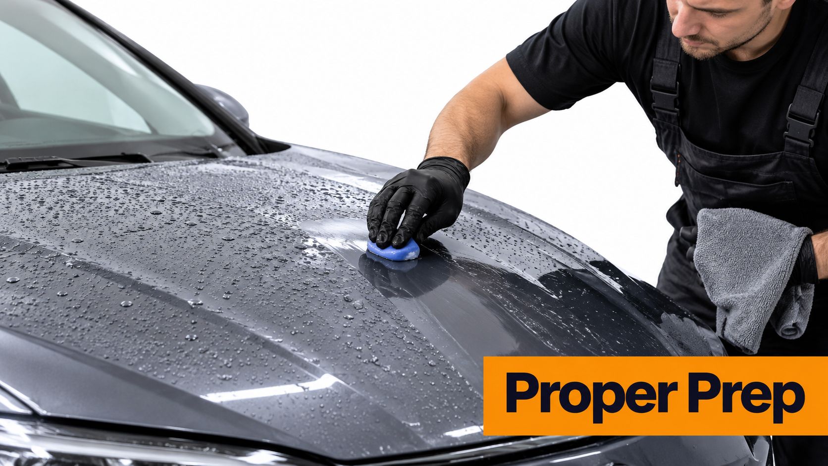A professional car detailer using a clay bar on a wet grey car hood for paint preparation.