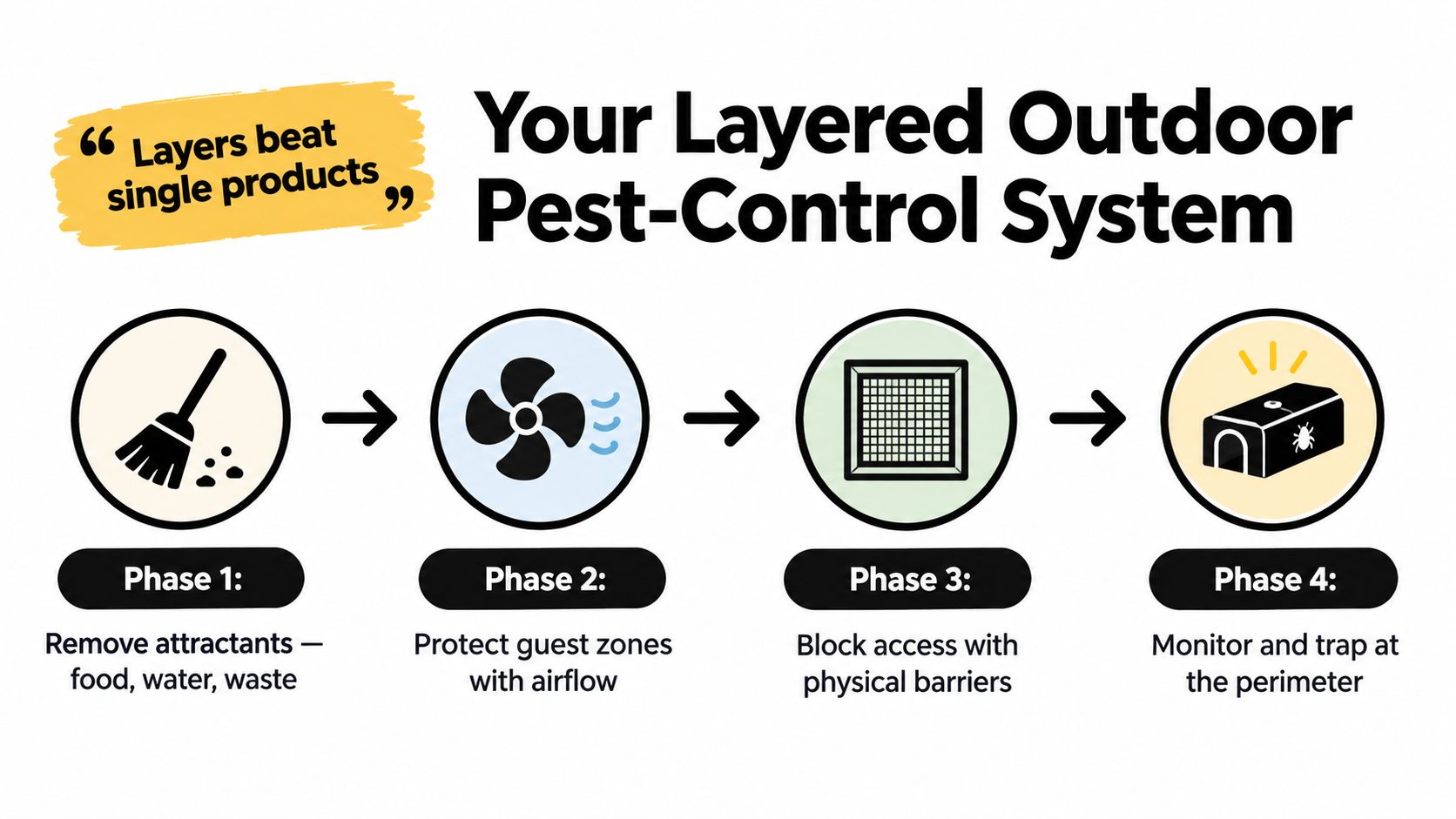 An infographic showing a four-phase layered outdoor pest control system for managing unwanted insects and rodents.