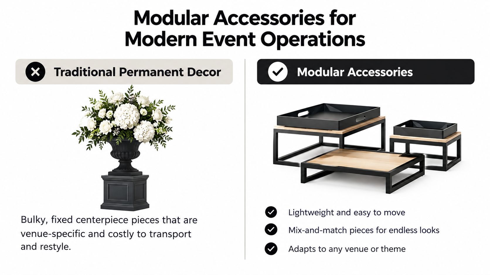 A comparison showing traditional heavy floral centerpieces versus modern, lightweight modular buffet table accessories for events.