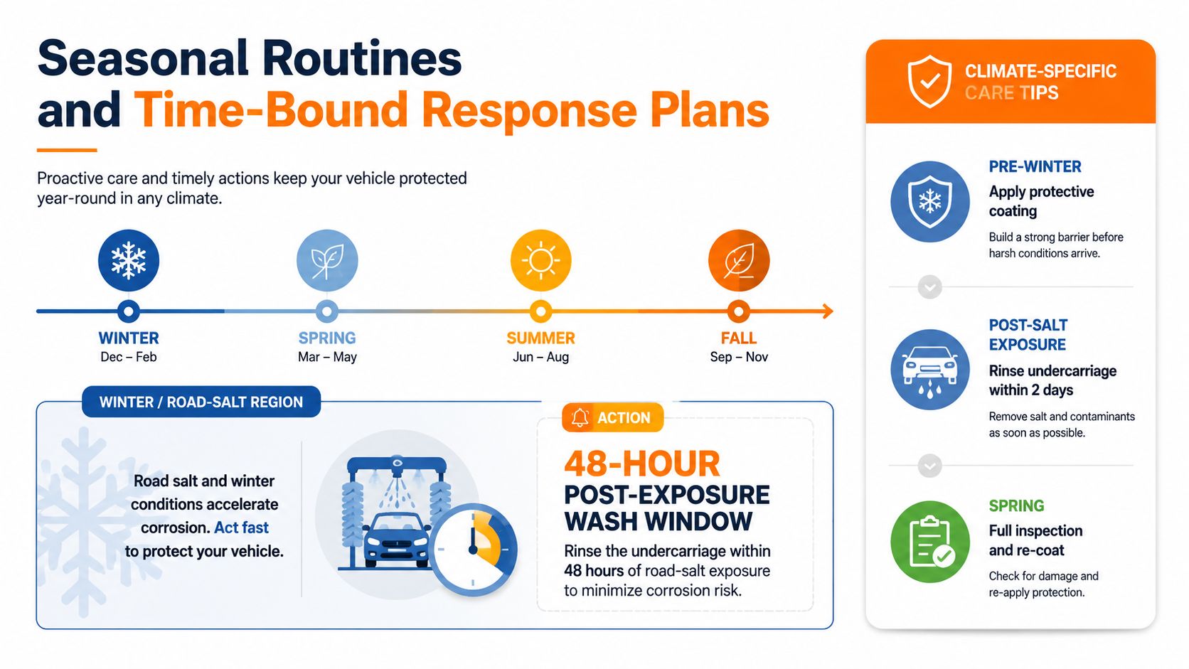 An infographic detailing seasonal vehicle care routines and a forty-eight hour window to wash road salt off.