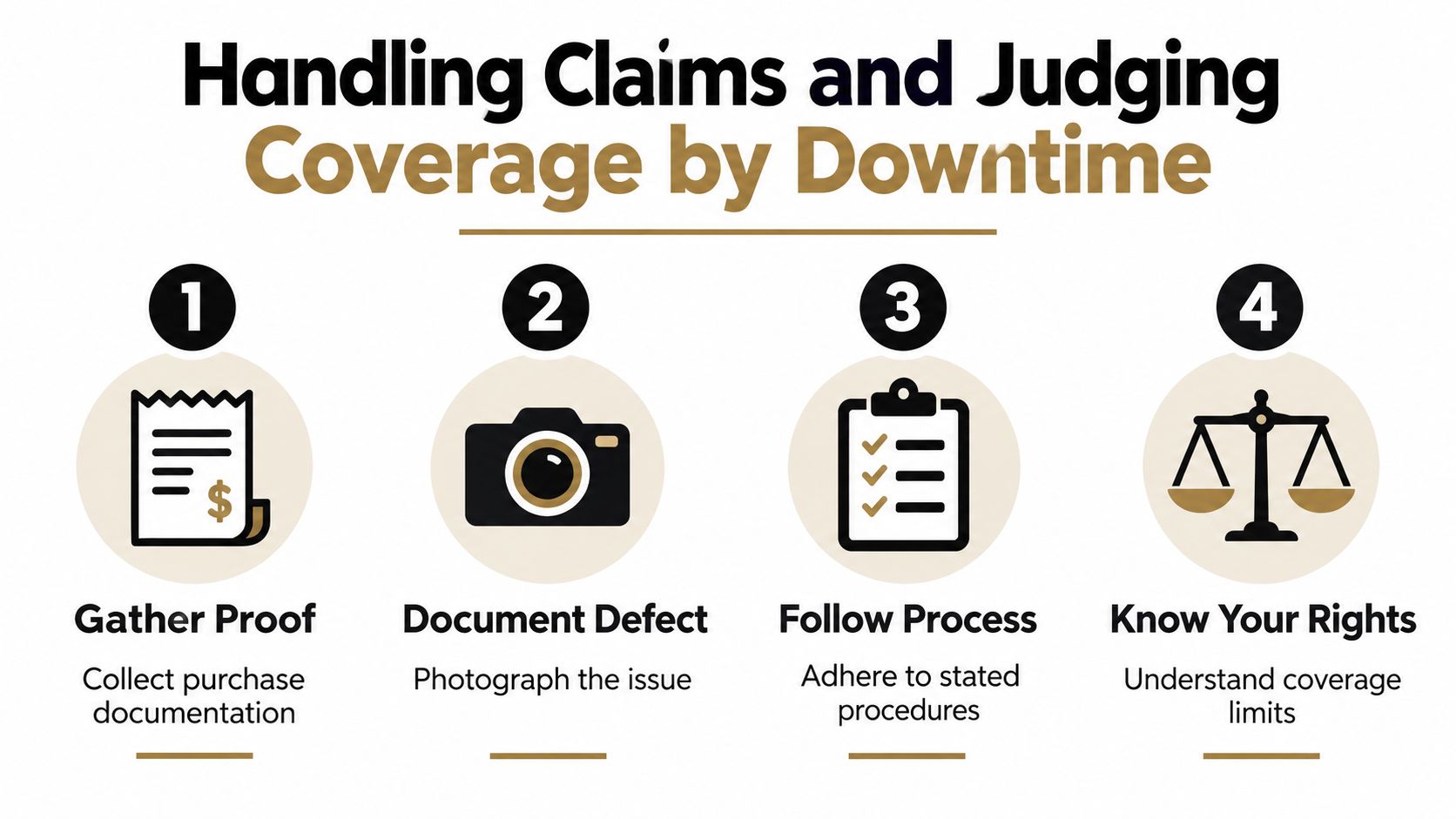 A four-step infographic illustrating the process for handling warranty claims and understanding coverage details during product downtime.