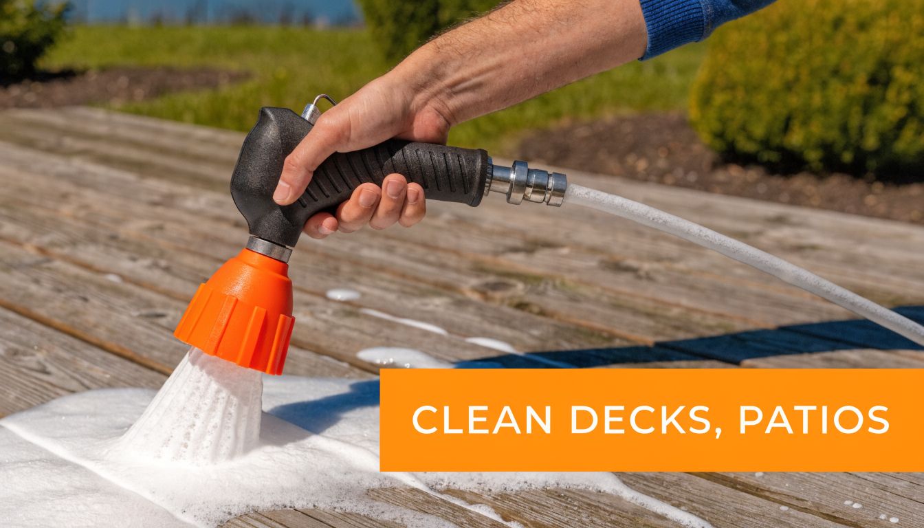 A hand holding a garden spray gun applying soap foam onto a wooden deck for cleaning.