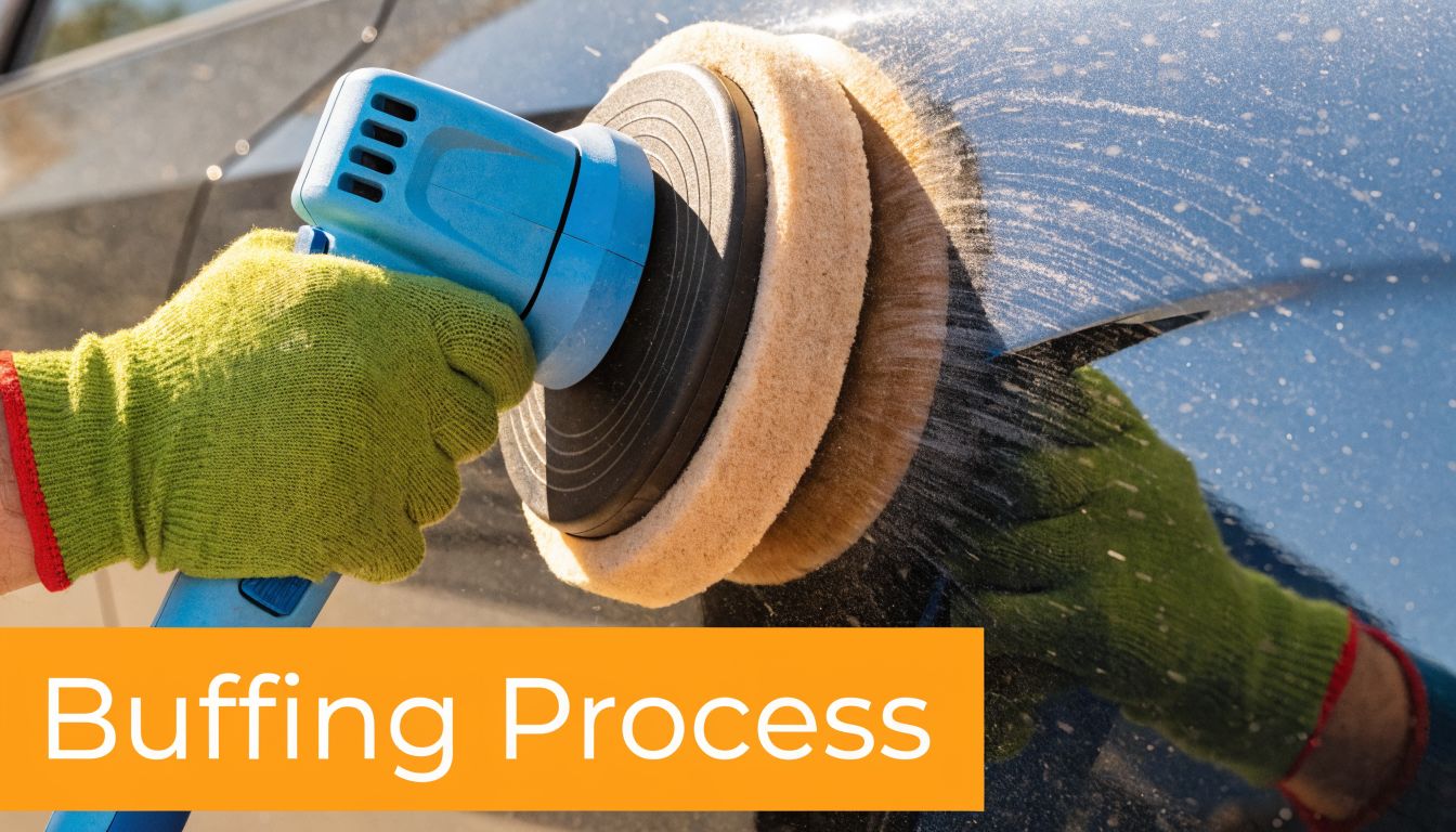 A worker wearing green gloves uses an electric buffer tool to polish a car's dark surface.