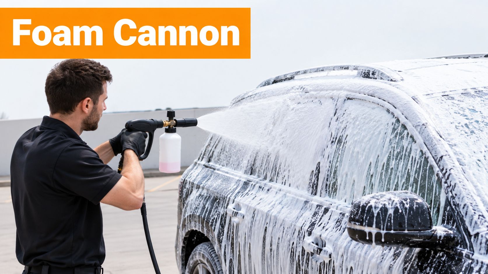 A professional car washer using a foam cannon to apply soapy foam to a dark SUV vehicle.