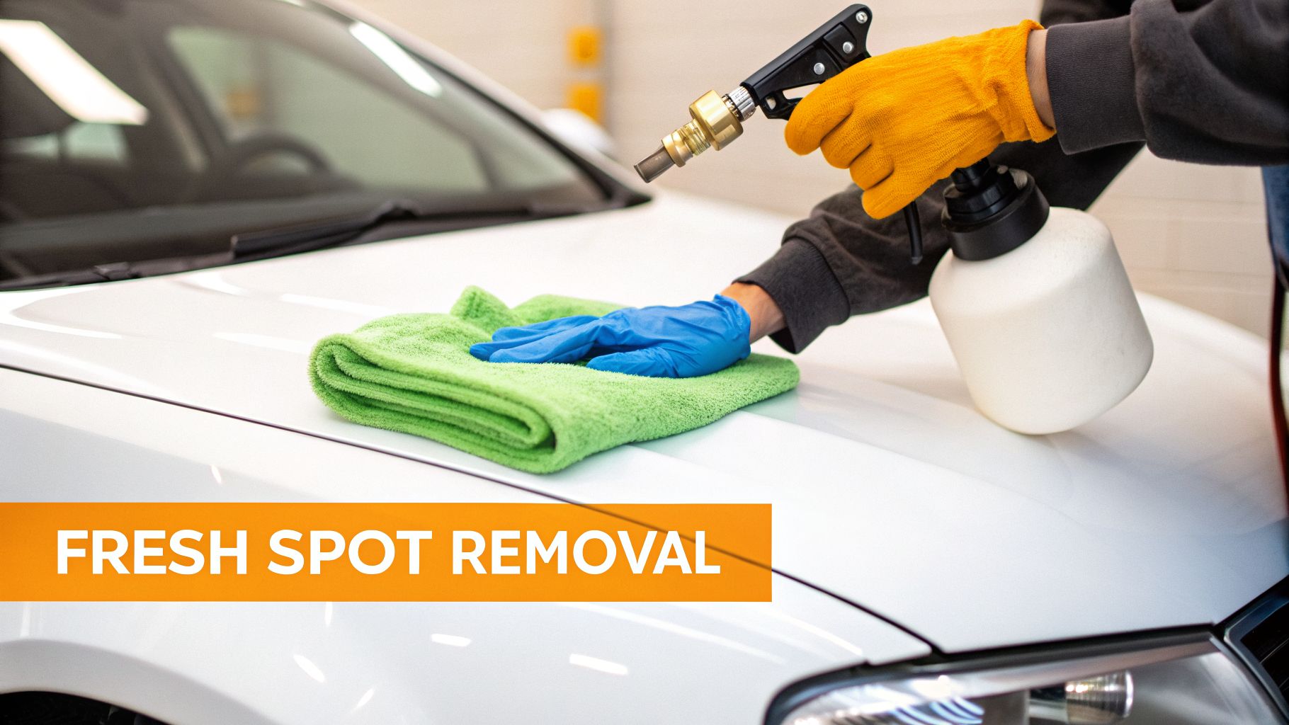 A person in blue and orange gloves cleaning a white car hood with a green microfiber towel and a spray tool, with 'FRESH SPOT REMOVAL' text.