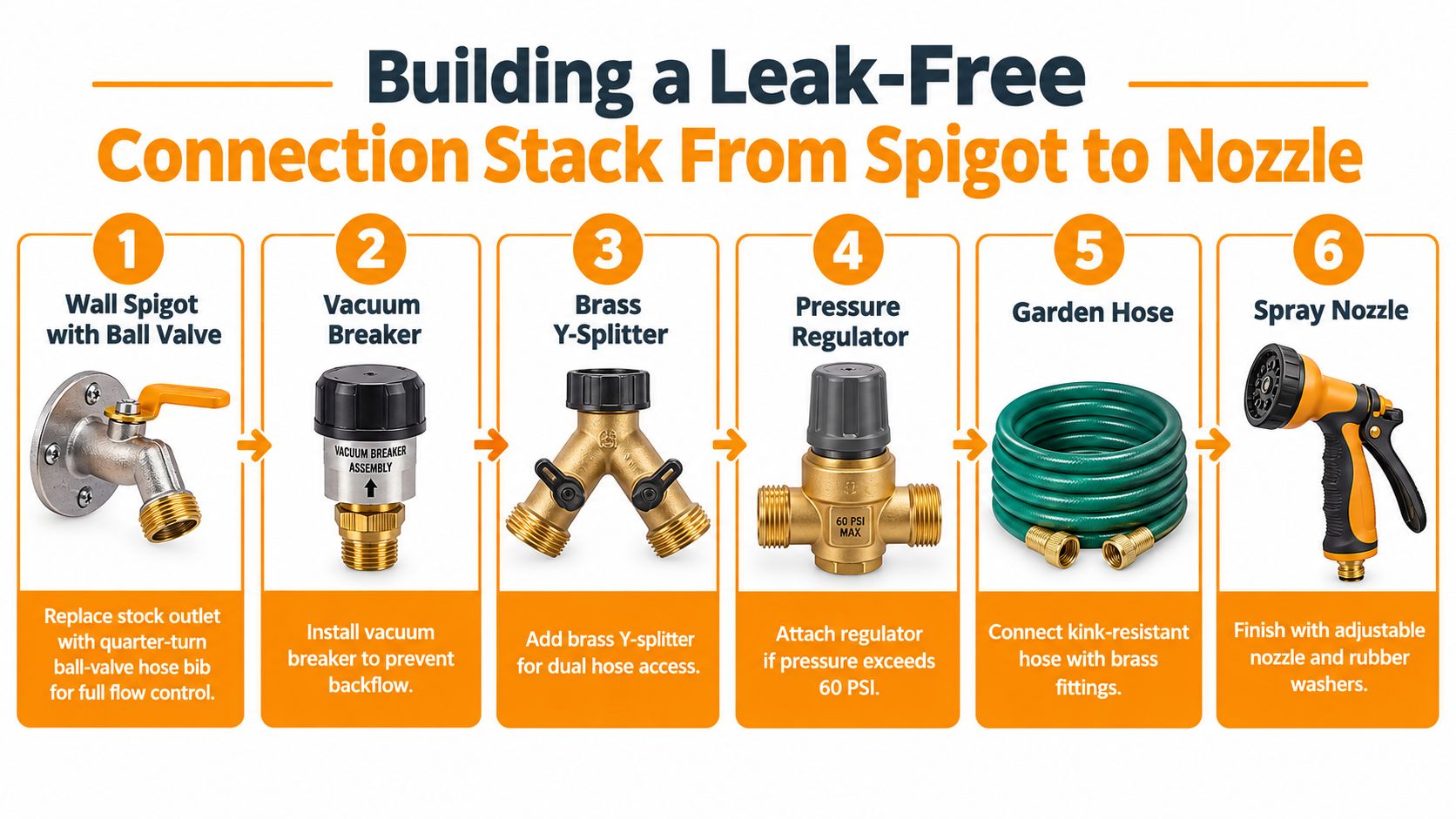 A six-step guide for creating a leak-free garden hose system, from wall spigot to spray nozzle.