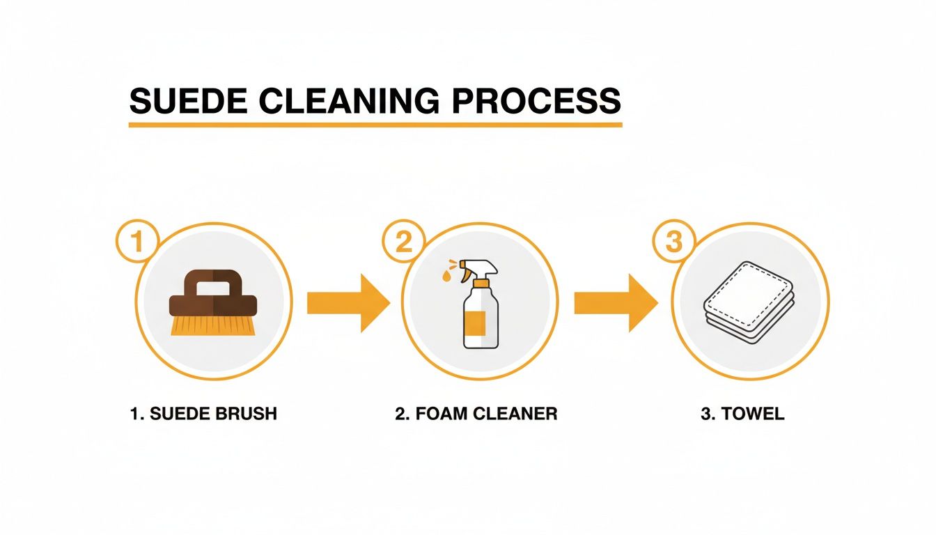 Visual guide to the suede cleaning process, showing a brush, foam cleaner spray, and a stack of towels.