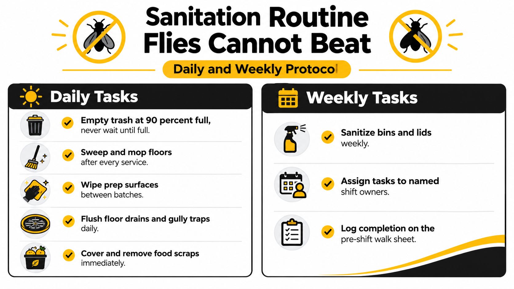 An infographic detailing daily and weekly sanitation protocols for restaurants to effectively control fly populations.
