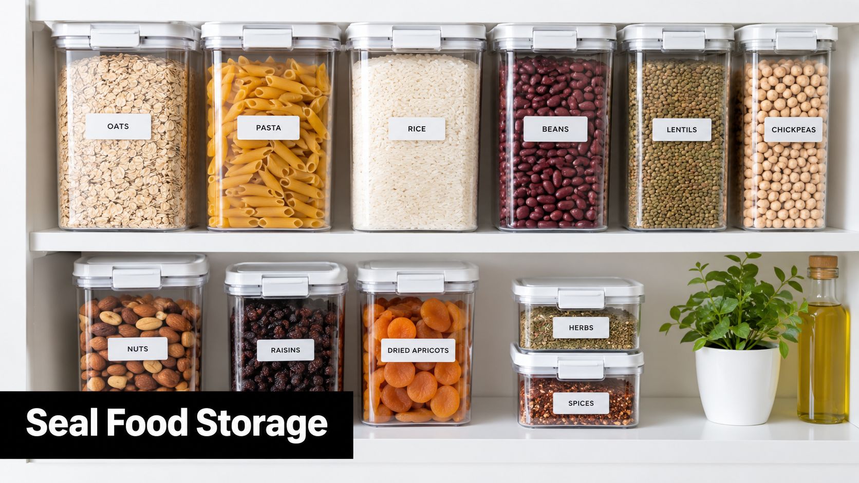 Pantry shelf featuring organized transparent food storage containers filled with grains, dried fruits, legumes, and spices.