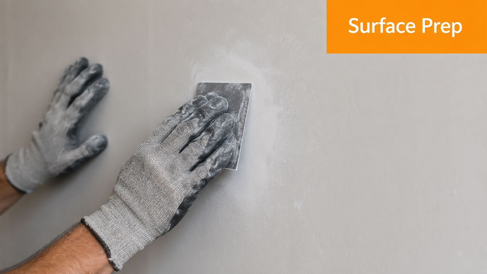 A worker wearing grey gloves sanding down a smooth drywall surface in preparation for painting.