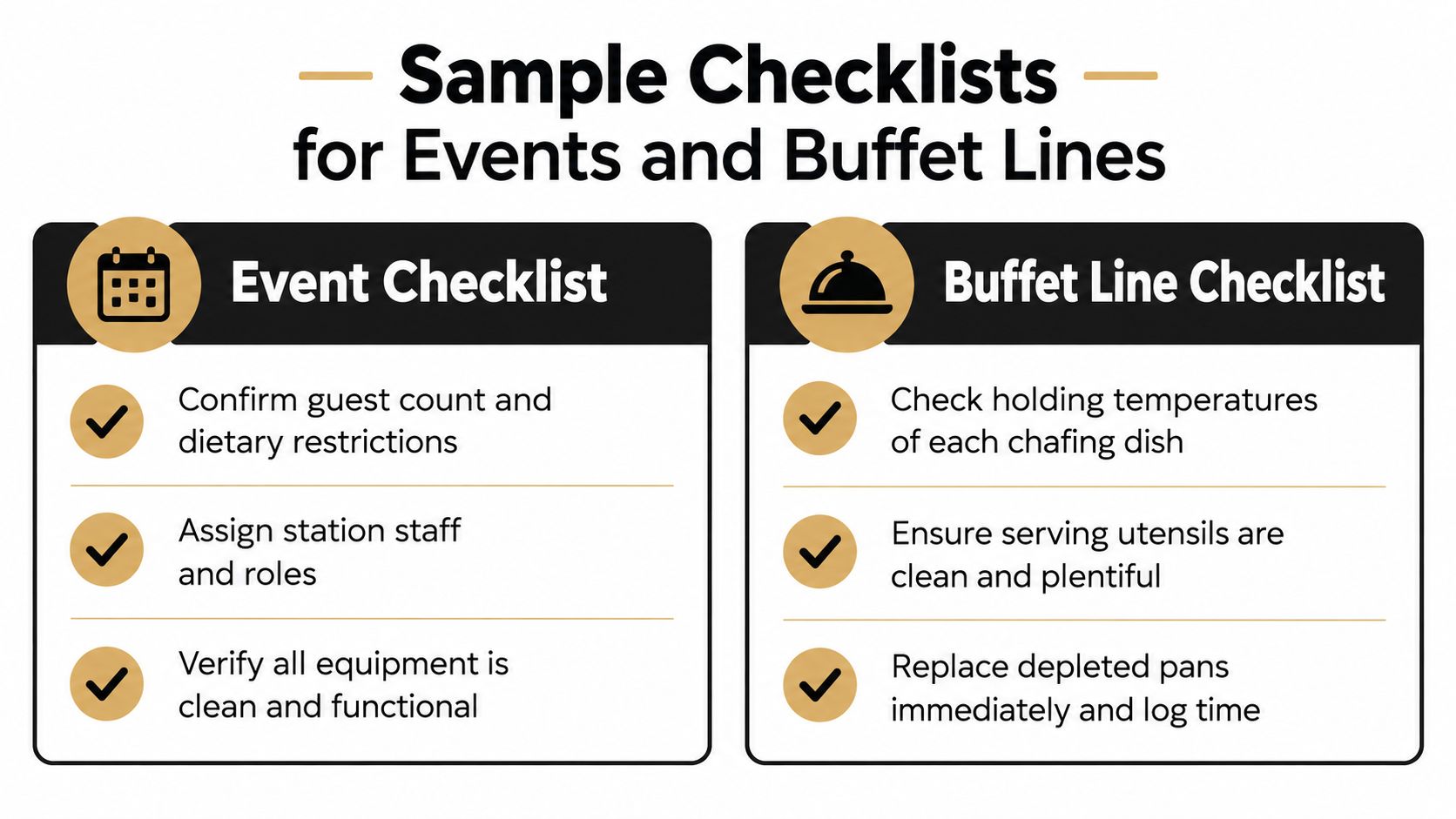 A graphic featuring two checklists for event planning and buffet line management and food safety procedures.