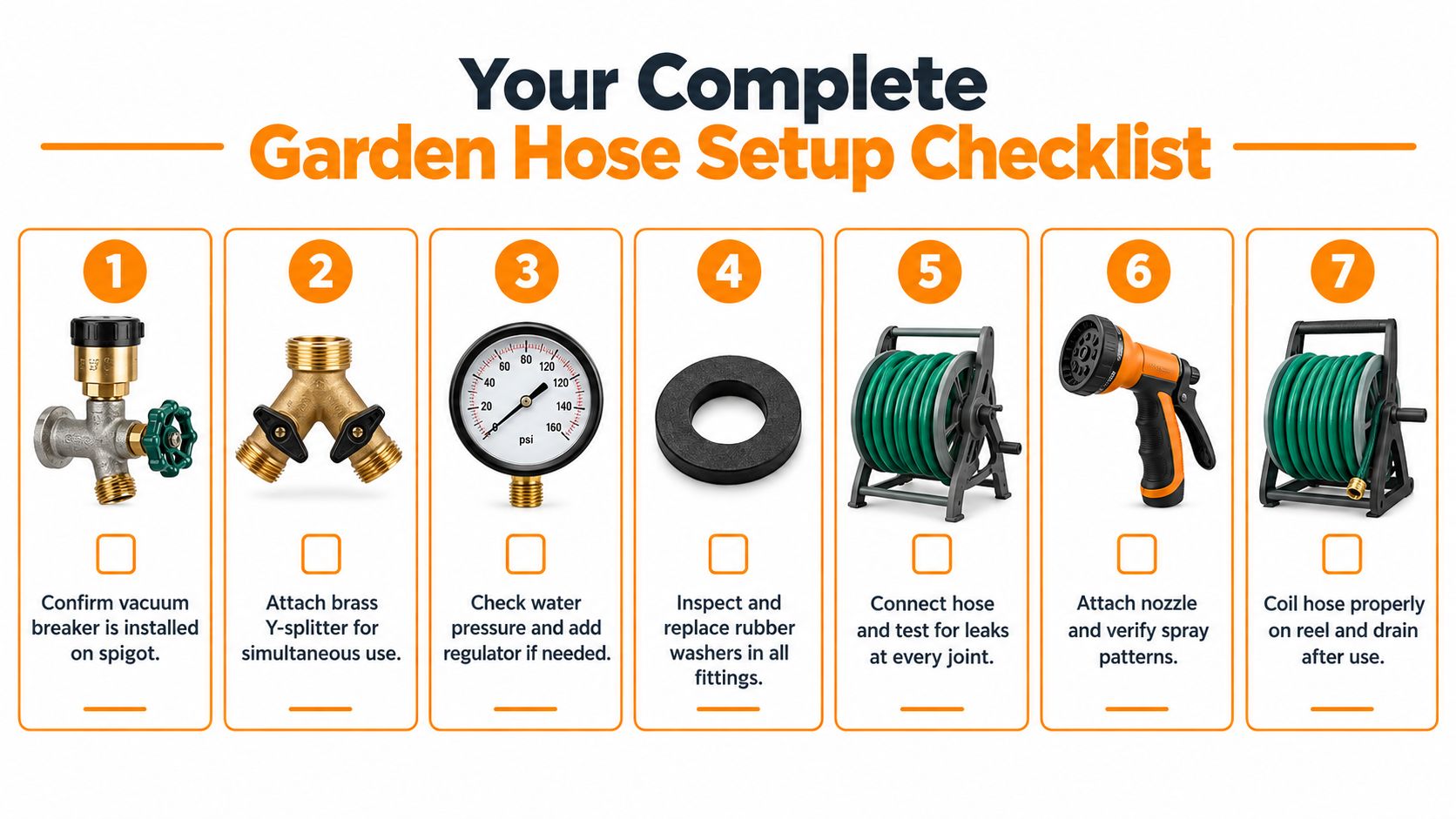 A seven step checklist infographic illustrating the essential components for a proper home garden hose setup.