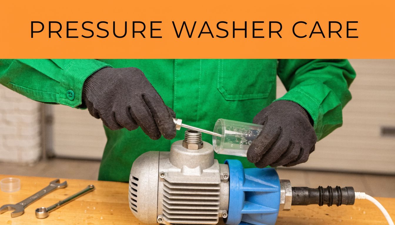 A technician wearing black gloves performing maintenance on a pressure washer motor at a wooden workbench.