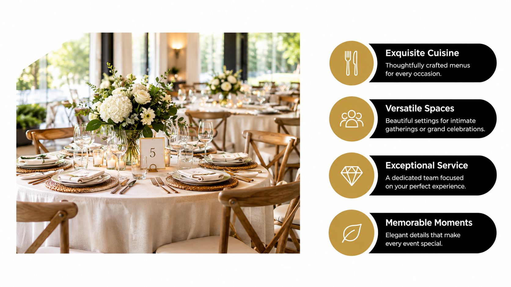 A beautifully set round wedding dining table with floral arrangements and table number five in a banquet hall.