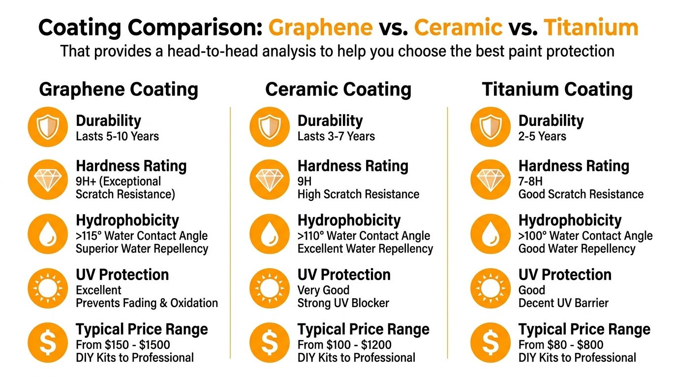 A comparison chart showing the performance, durability, and price differences between graphene, ceramic, and titanium car coatings.