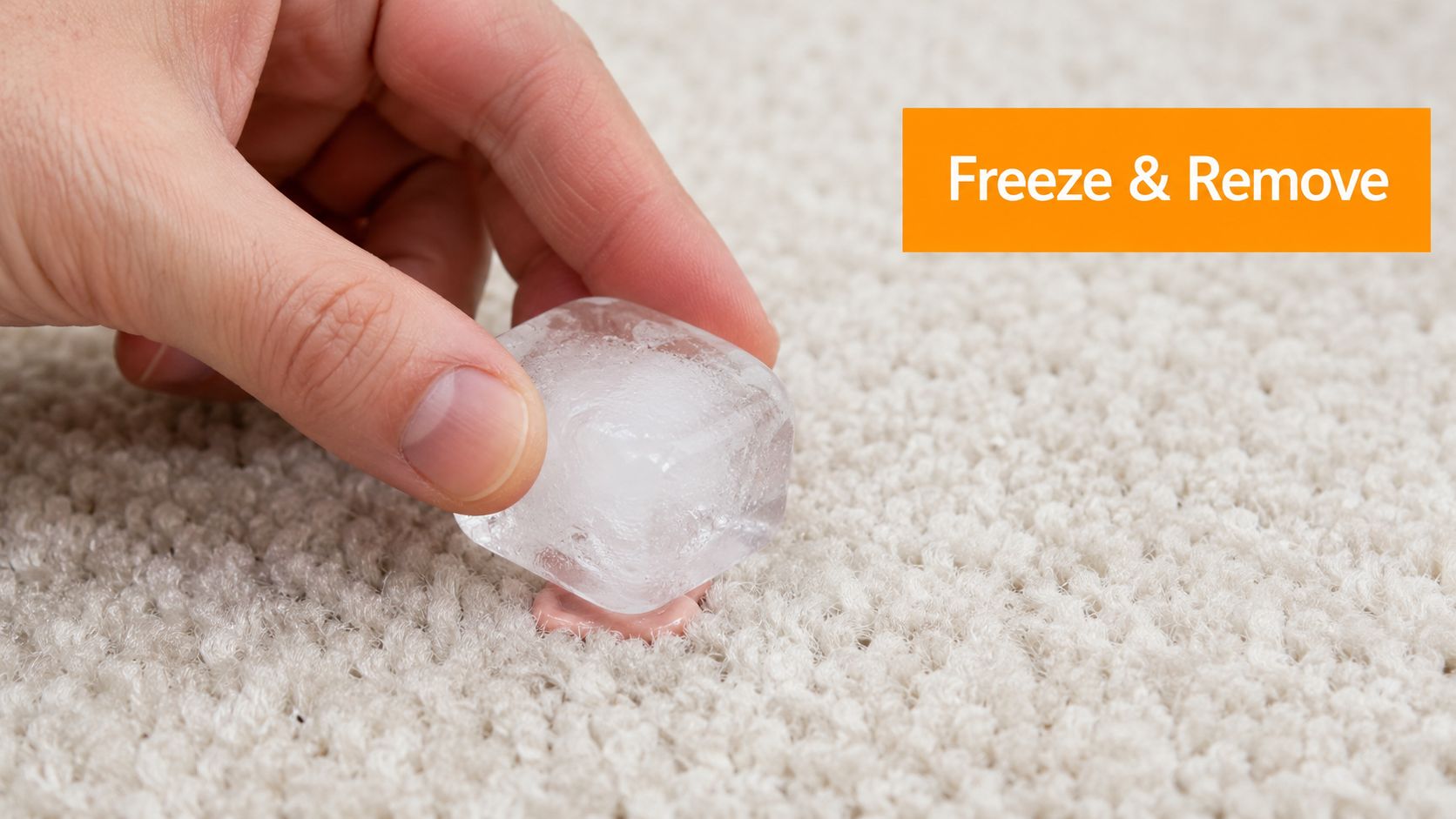 A hand holding an ice cube over a piece of pink chewing gum on white carpet