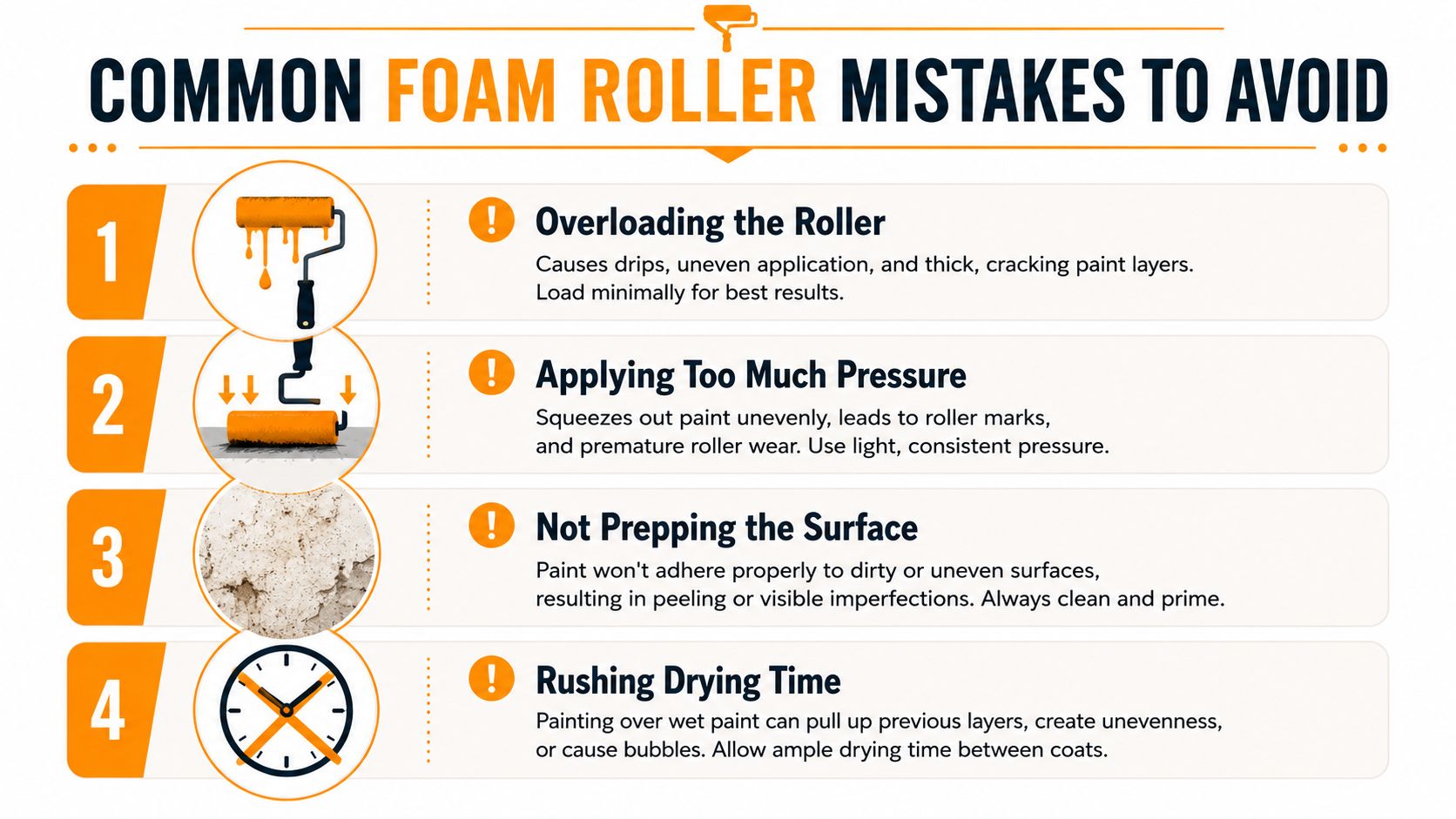 An infographic detailing four common mistakes to avoid when using a foam paint roller for home projects.
