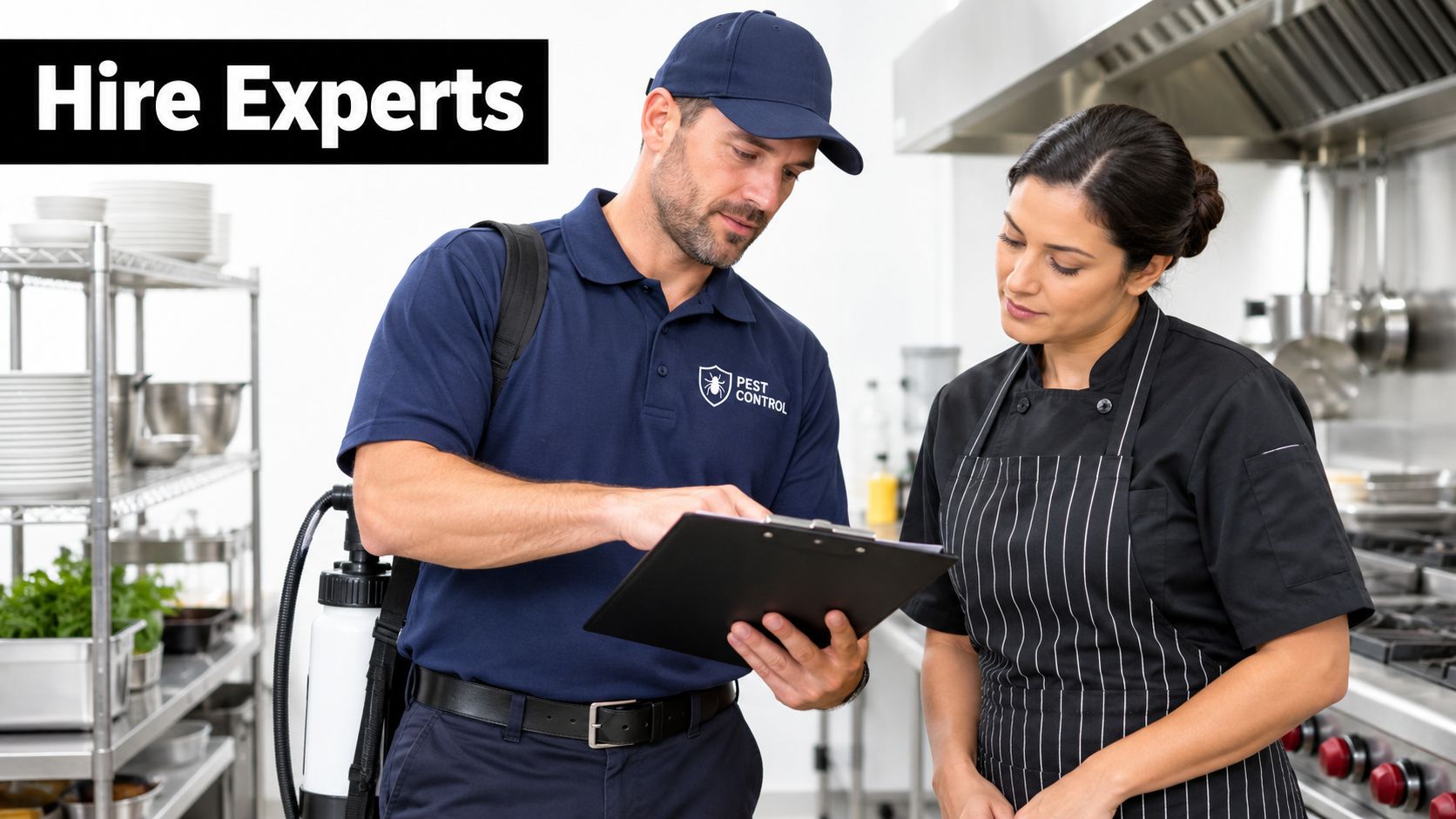 A professional pest control technician discusses an inspection report with a restaurant chef in a commercial kitchen.