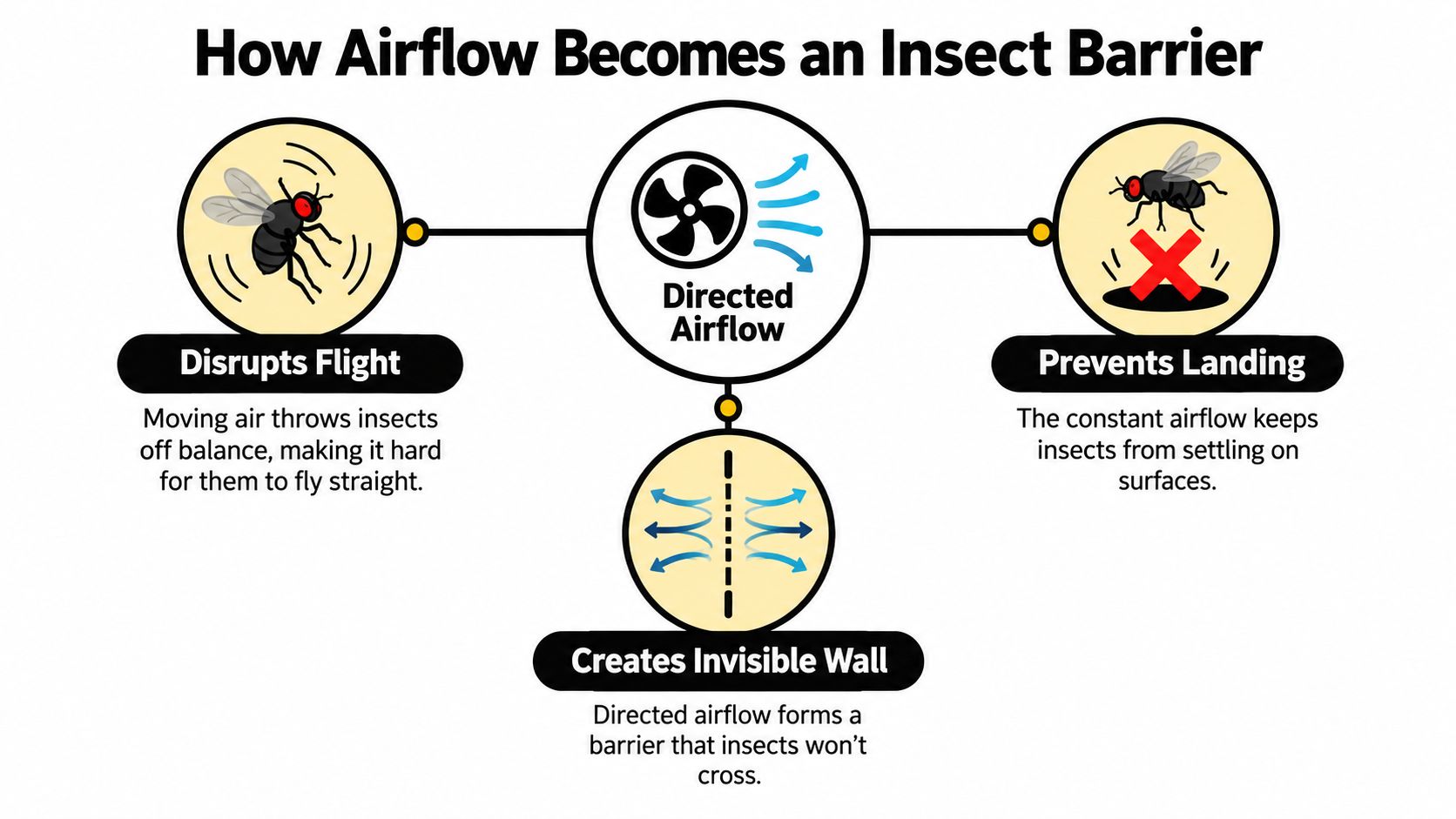 A diagram illustrating how an air fan functions as an insect barrier through flight disruption and airflow.