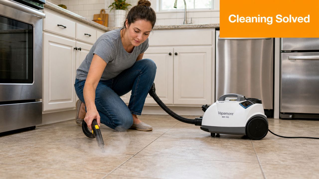 A woman cleaning kitchen tile floors with a Vapamore MR-100 steam cleaner in a residential kitchen.