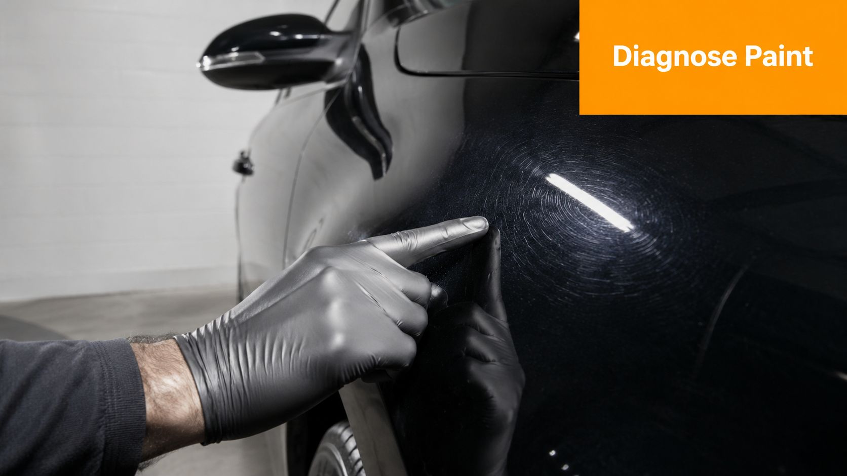 A gloved hand points to swirl marks and paint defects on the glossy black hood of a car.