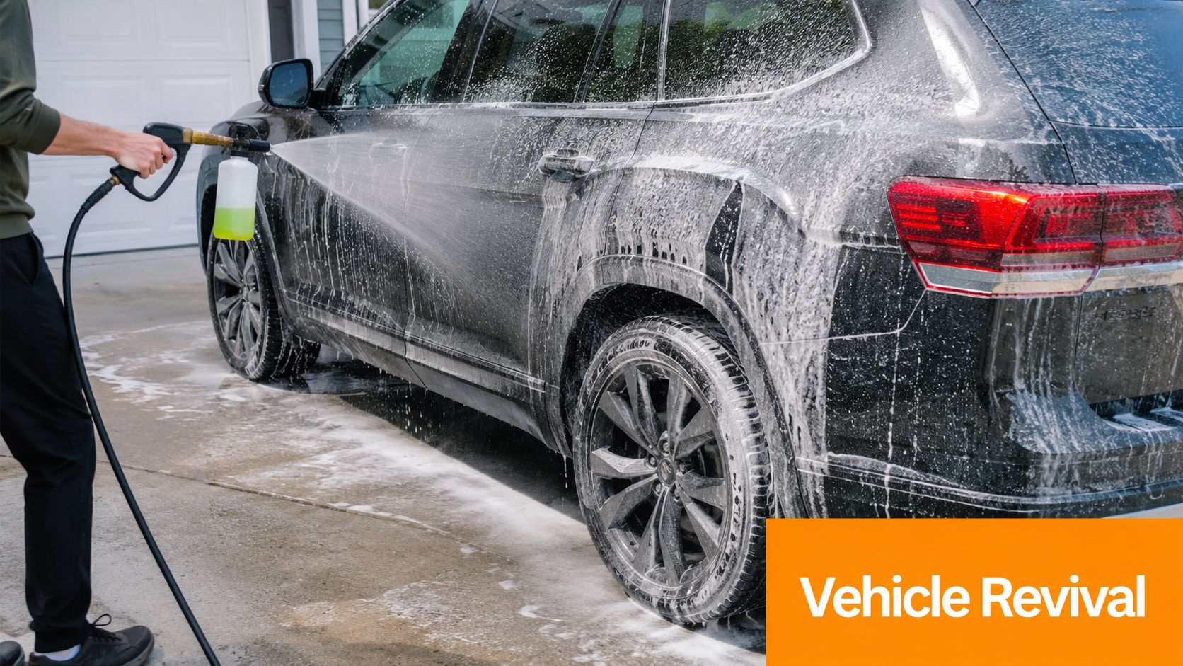 A person using a foam cannon to spray soap onto a black SUV during a spring car wash.