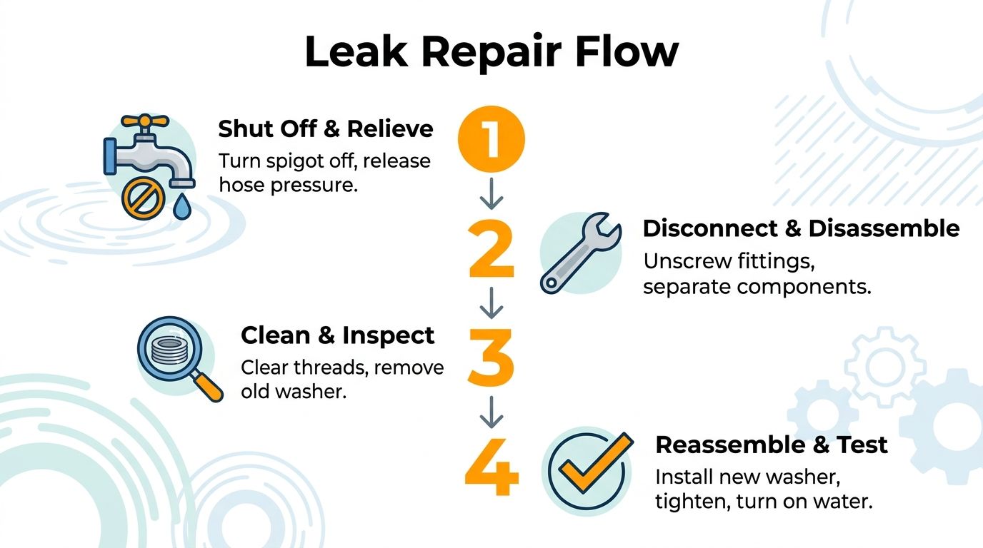 A four-step infographic illustrating the process to repair a hose connection leak using simple icons.
