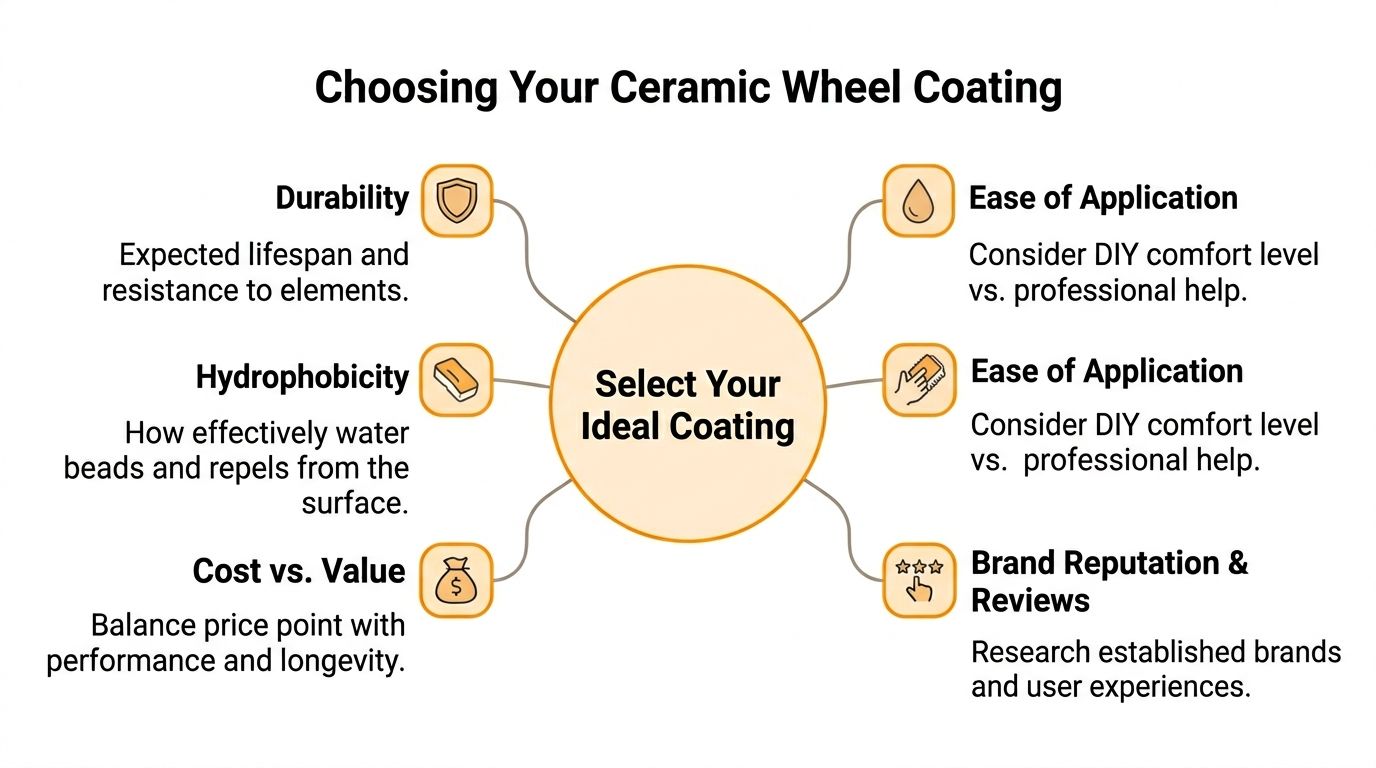 A diagram outlining key factors to consider when selecting an ideal ceramic wheel coating for your vehicle.