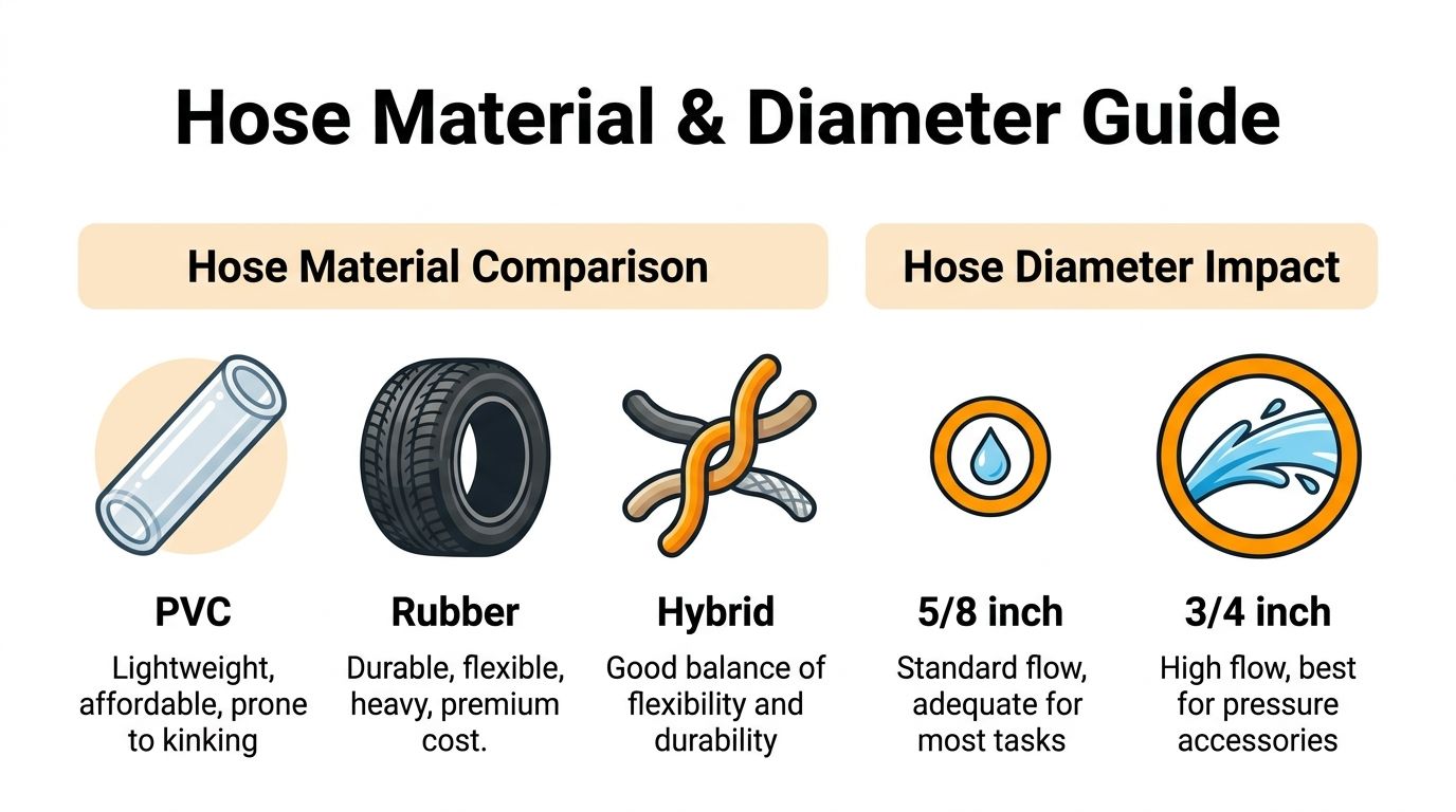 A comparison guide for garden hose materials like PVC, rubber, and hybrid, plus diameter options.