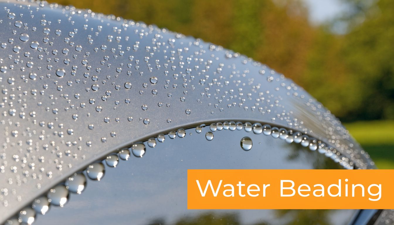 Close-up of small water droplets beading on a polished and protected car surface in bright sunlight.