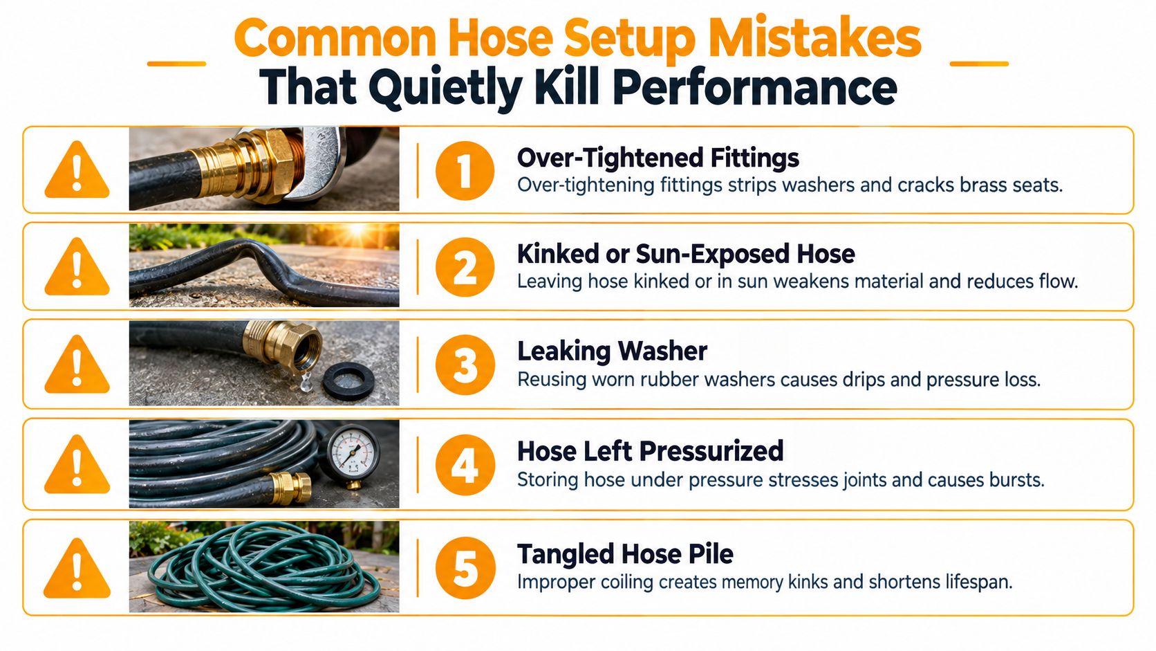 An infographic showing five common garden hose setup mistakes that reduce performance and damage equipment.
