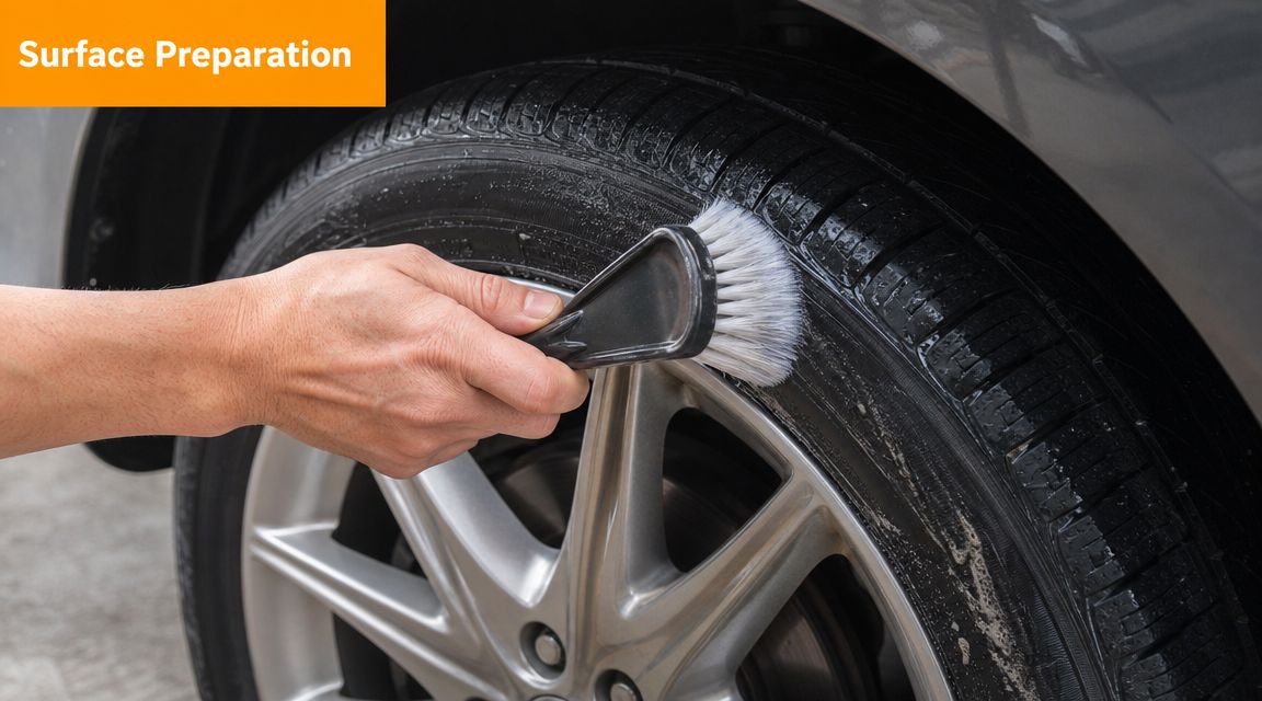 A close-up view of a person scrubbing a car tire with a cleaning brush during maintenance.