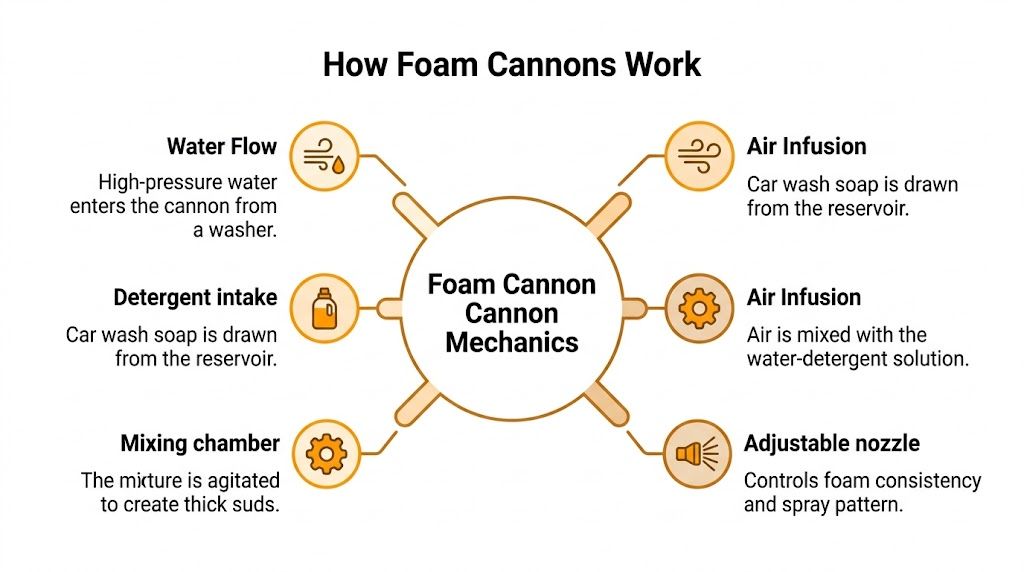 A diagram illustrating the mechanics of a foam cannon used for cleaning cars, showing water and soap process.